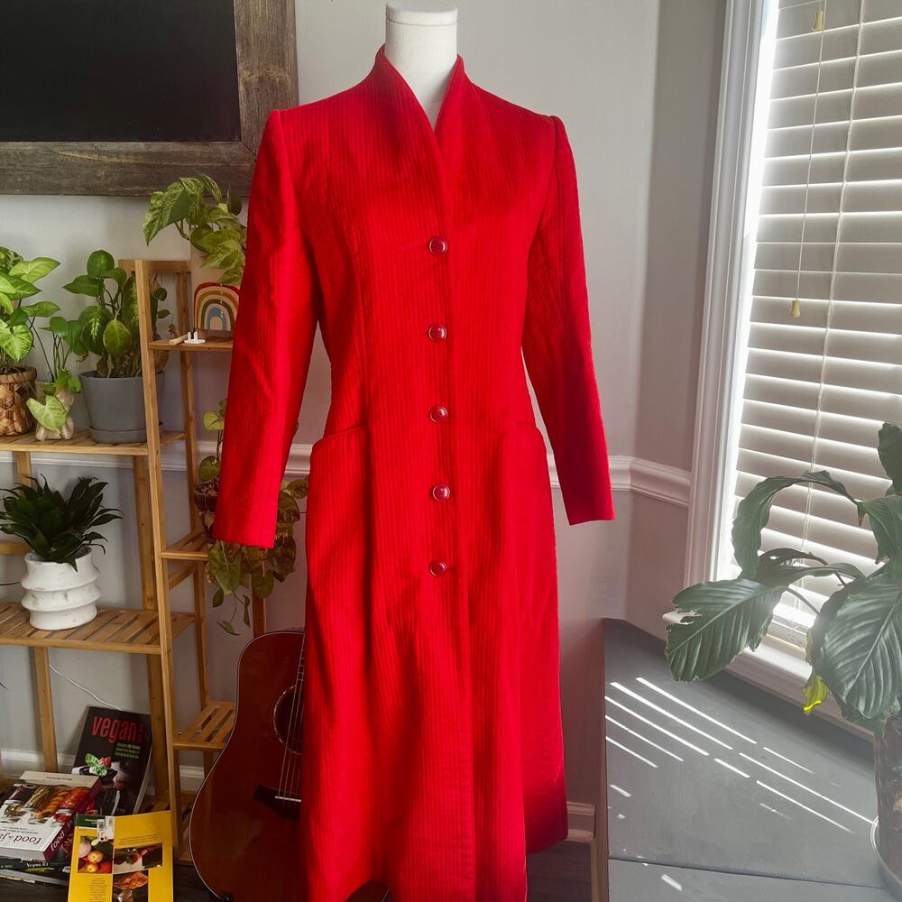 Vintage 90s Red Quilted Trench Coat Button Front Size Small